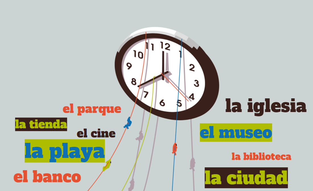 Characters climbing from a clock with Spanish text on either side